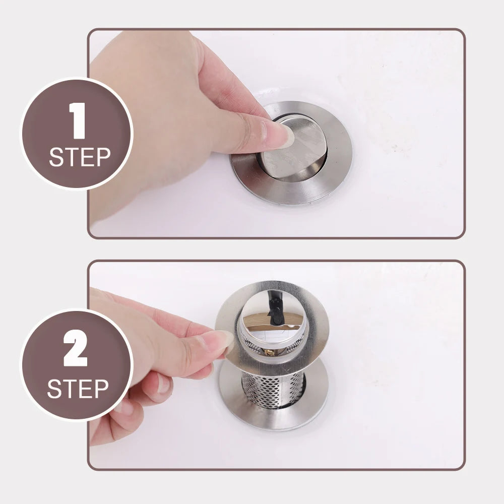 Step-by-step installation of a sink strainer with hands and close-up views on a white background.