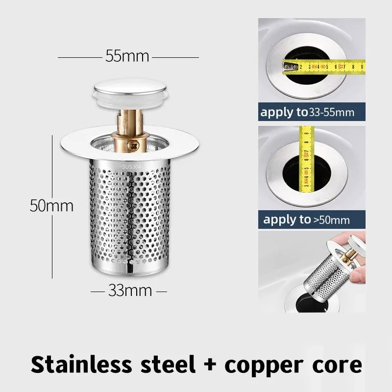 Stainless steel and copper core drain stopper with measurements and packaging details.