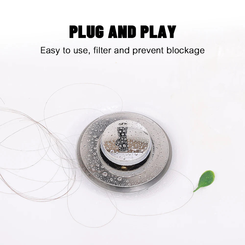 Shower drain cover with text 'Plug and Play' on a white background