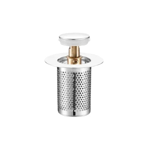 Metallic shower drain cover with perforated design on a white background